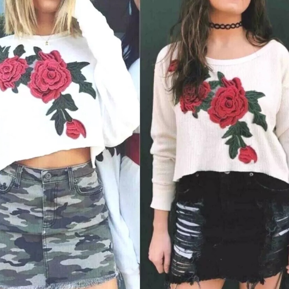LF- Furst Of A Kind: Women's Long Sleeve Knit Crop Tee Ivory Rose